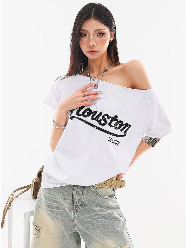 QIUQIU STUDIO Fitted Letter Print One Shoulder Short Sleeve Women&