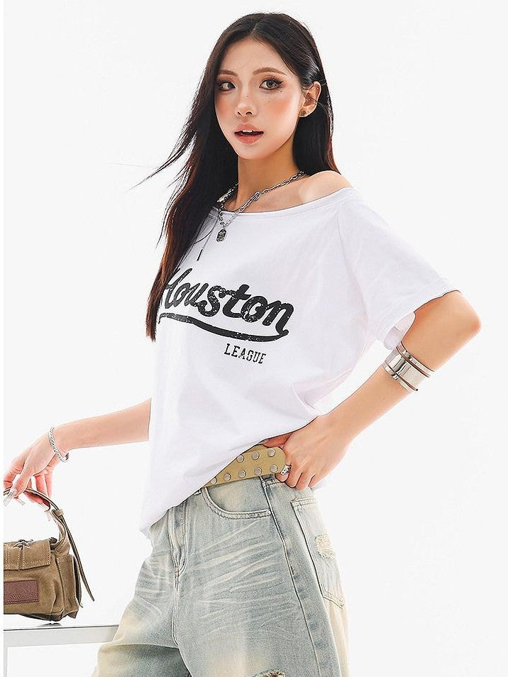 QIUQIU STUDIO Fitted Letter Print One Shoulder Short Sleeve Women&