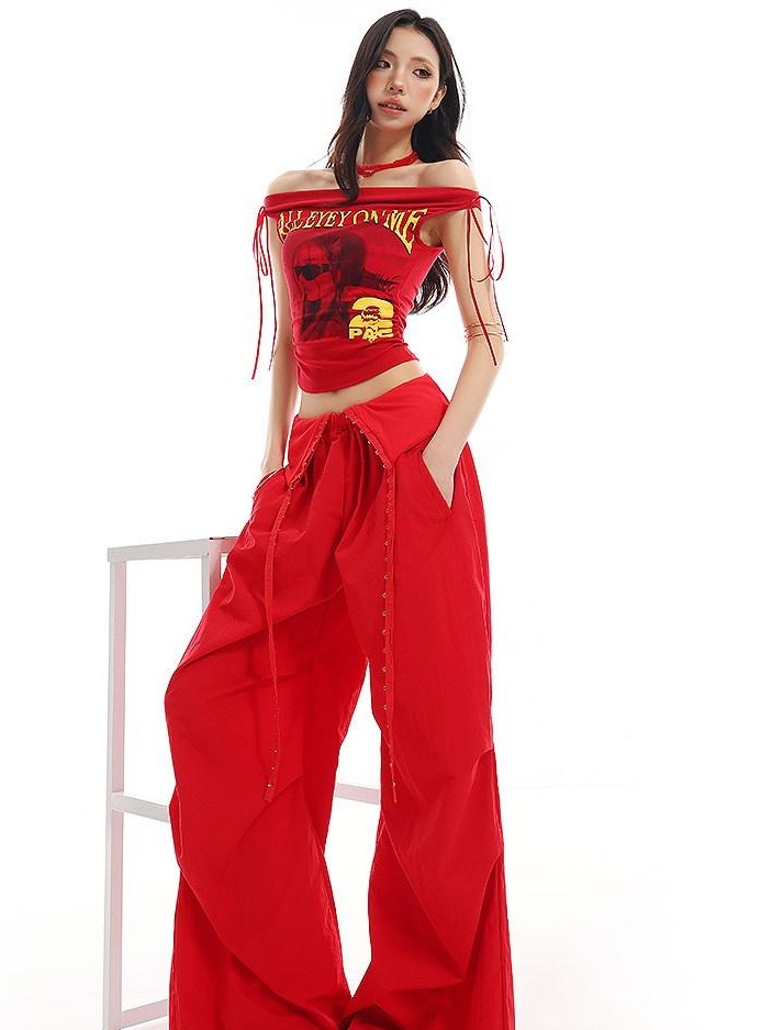 QIUQIU STUDIO Flowy Parachute Cargo Drawstring Pockets Turn Up Waist Women&