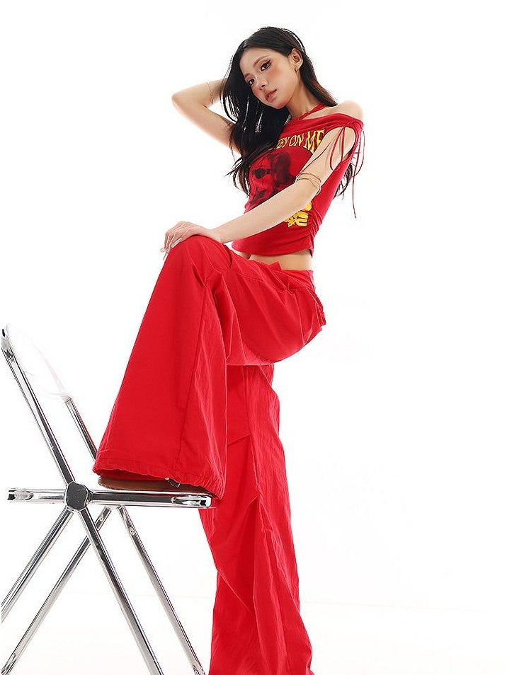 QIUQIU STUDIO Flowy Parachute Cargo Drawstring Pockets Turn Up Waist Women&