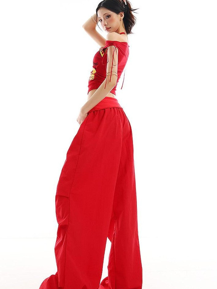QIUQIU STUDIO Flowy Parachute Cargo Drawstring Pockets Turn Up Waist Women&