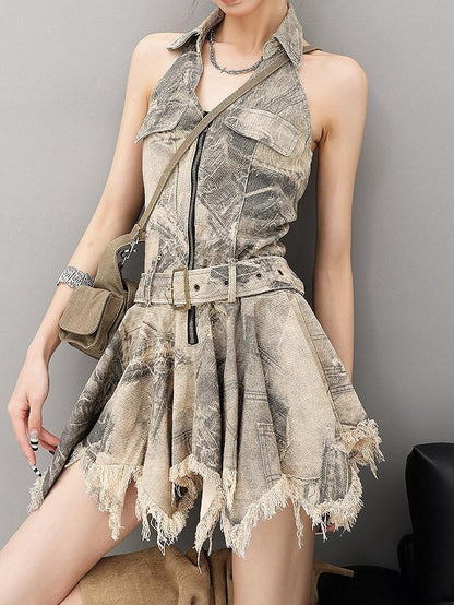QIUQIU STUDIO Frayed Fringe V-neck High Waist Women&