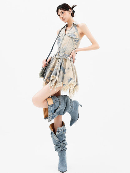 QIUQIU STUDIO Frayed Fringe V-neck High Waist Women&