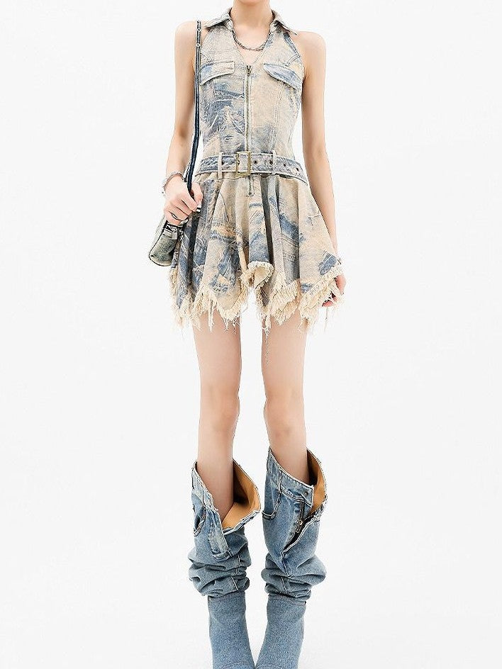 QIUQIU STUDIO Frayed Fringe V-neck High Waist Women&