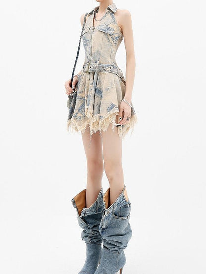 QIUQIU STUDIO Frayed Fringe V-neck High Waist Women&