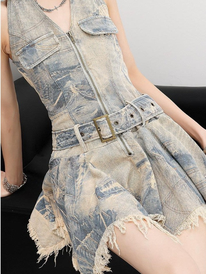 QIUQIU STUDIO Frayed Fringe V-neck High Waist Women&