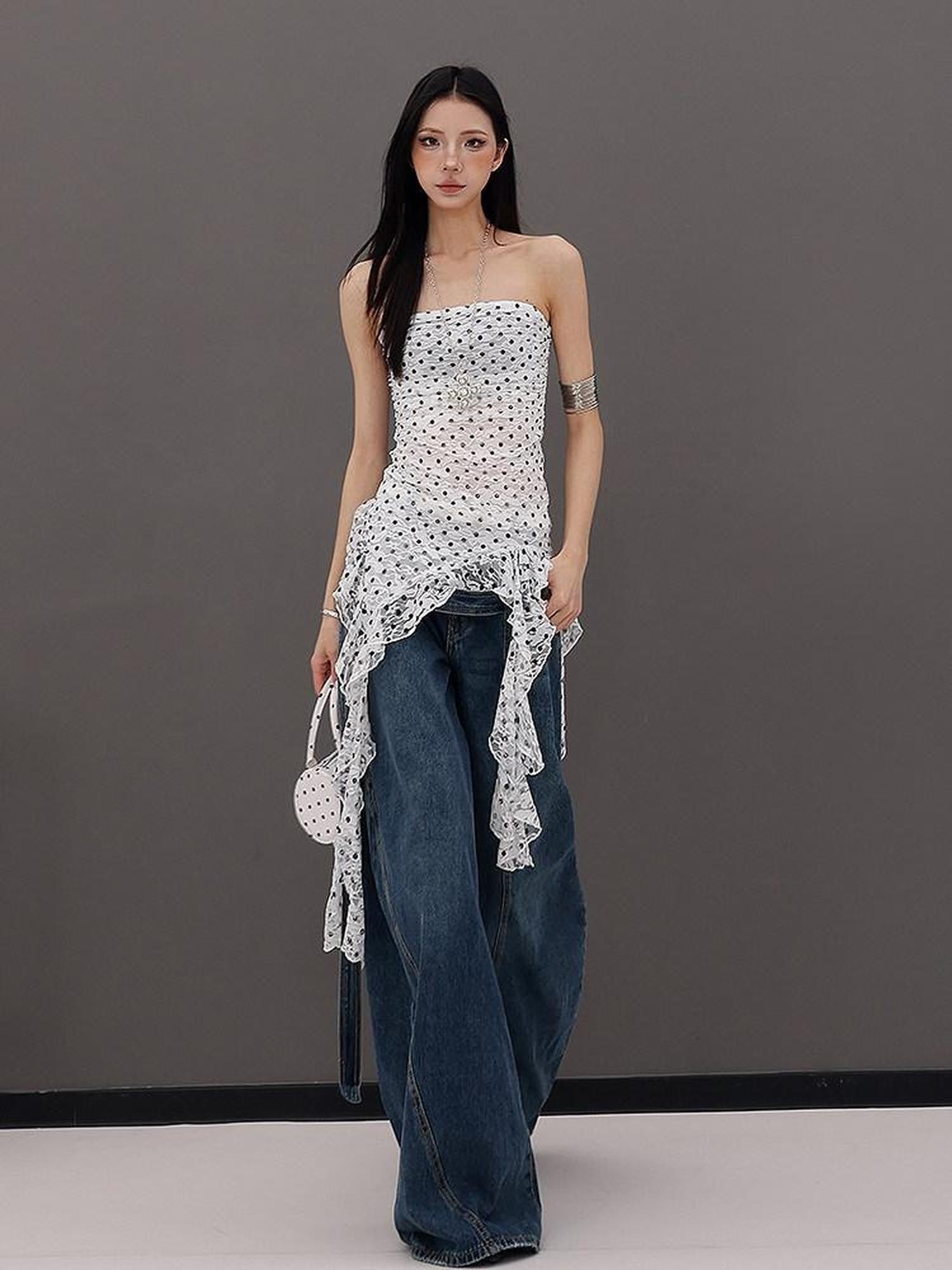QIUQIU STUDIO French Polka Dot Irregular Ribbon Ruffle Slim Fit Women&
