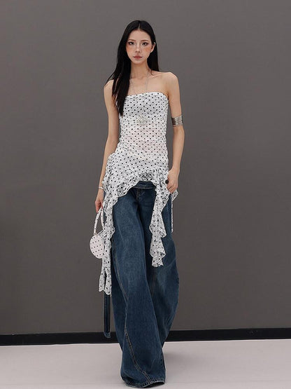 QIUQIU STUDIO French Polka Dot Irregular Ribbon Ruffle Slim Fit Women&