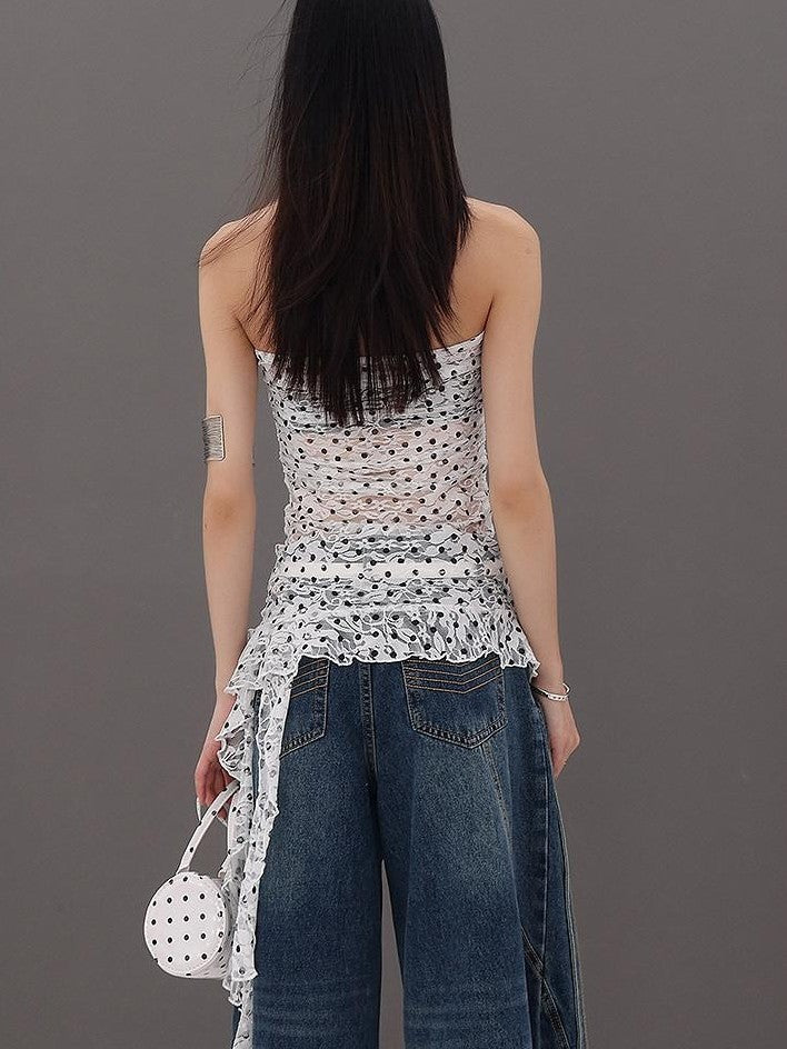 QIUQIU STUDIO French Polka Dot Irregular Ribbon Ruffle Slim Fit Women&
