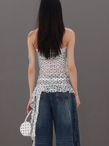 QIUQIU STUDIO French Polka Dot Irregular Ribbon Ruffle Slim Fit Women&