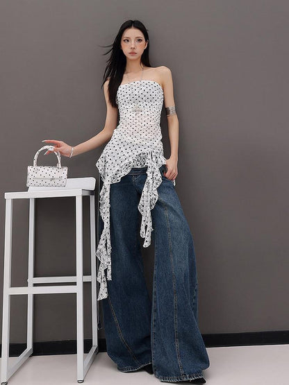 QIUQIU STUDIO French Polka Dot Irregular Ribbon Ruffle Slim Fit Women&