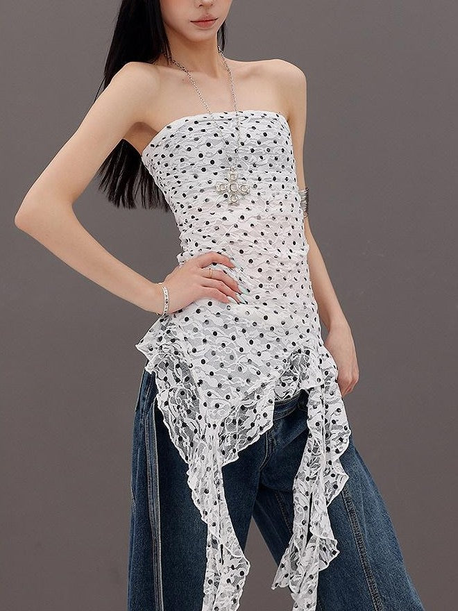 QIUQIU STUDIO French Polka Dot Irregular Ribbon Ruffle Slim Fit Women&