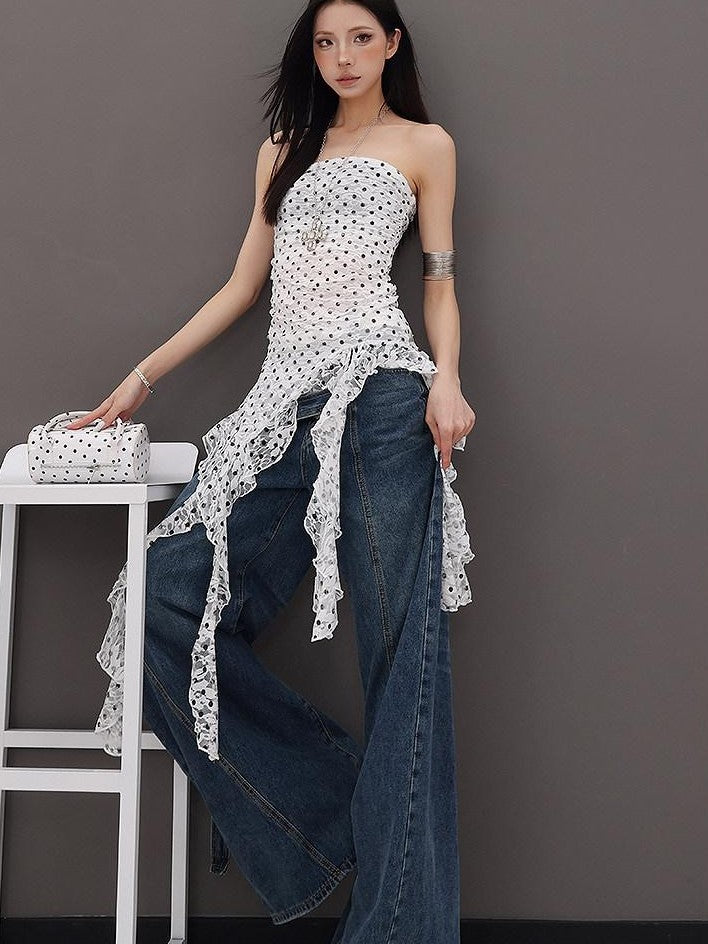 QIUQIU STUDIO French Polka Dot Irregular Ribbon Ruffle Slim Fit Women&