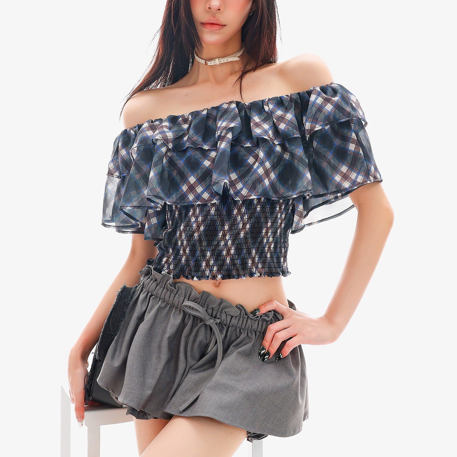QIUQIU_STUDIO_Gingham_Plaid_Ruffle_Off_Shoulder_Slim_Fitted_Printed_Women&