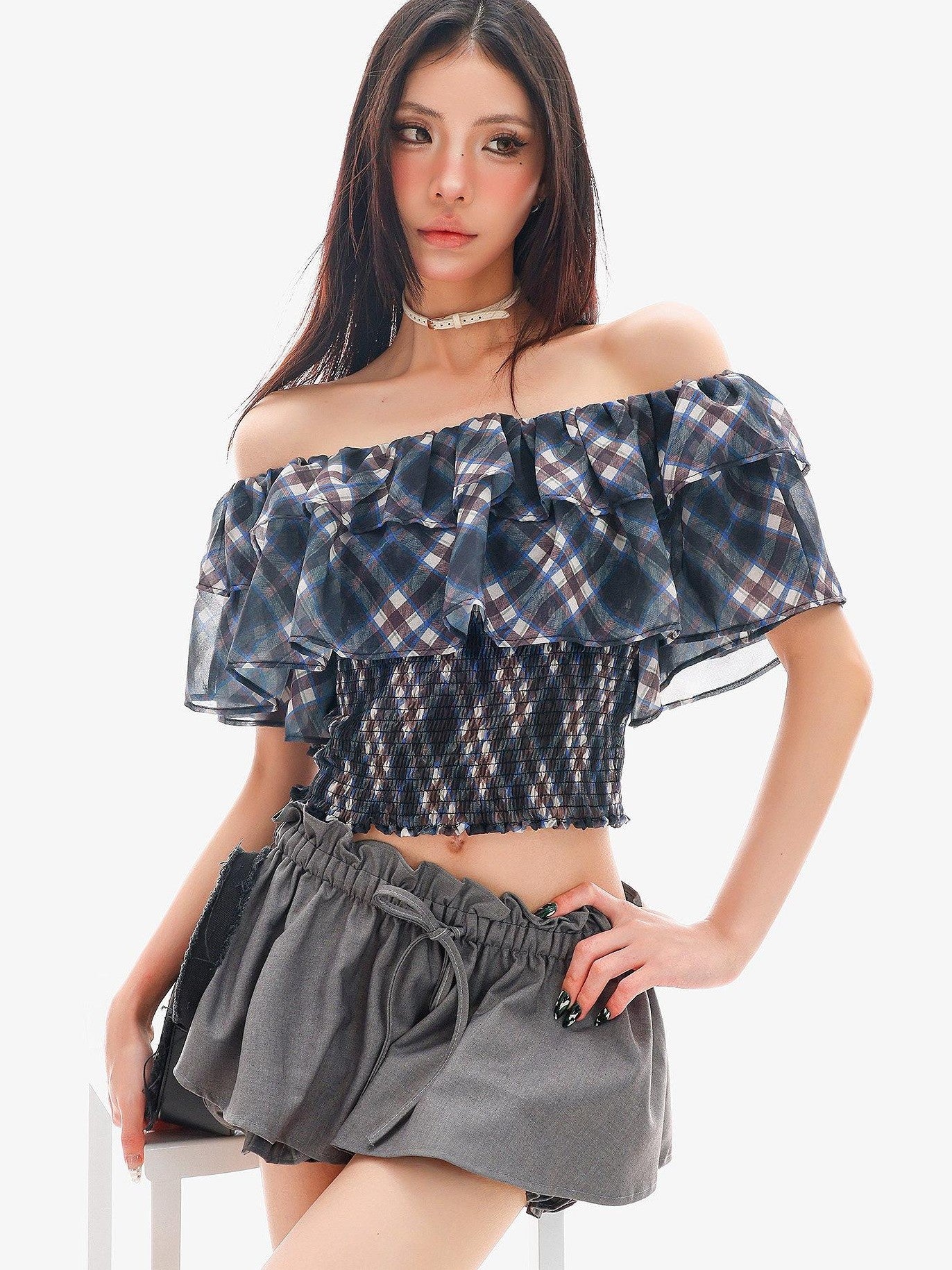 QIUQIU STUDIO Gingham Plaid Ruffle Off Shoulder Slim Fitted Printed Women&