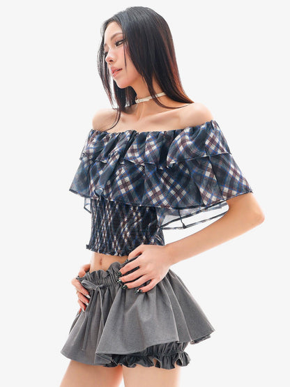 QIUQIU STUDIO Gingham Plaid Ruffle Off Shoulder Slim Fitted Printed Women&