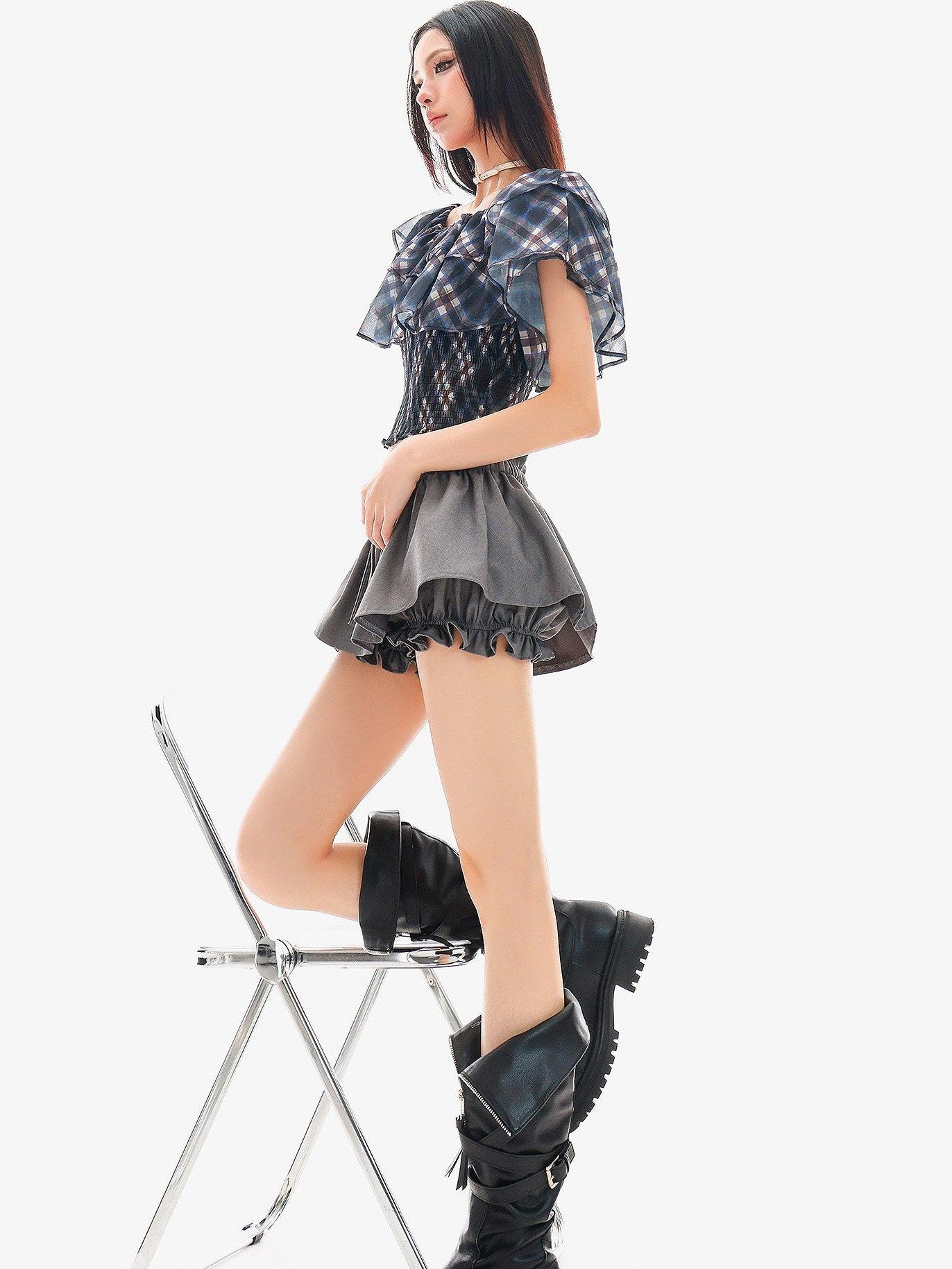 QIUQIU STUDIO Gingham Plaid Ruffle Off Shoulder Slim Fitted Printed Women&