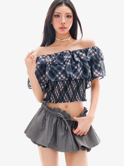 QIUQIU STUDIO Gingham Plaid Ruffle Off Shoulder Slim Fitted Printed Women&