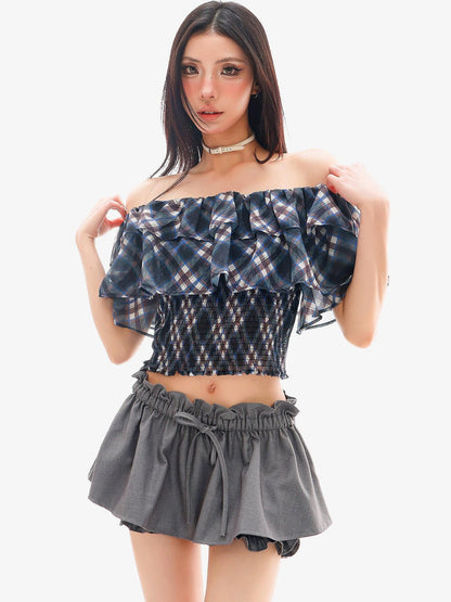 QIUQIU STUDIO Gingham Plaid Ruffle Off Shoulder Slim Fitted Printed Women&