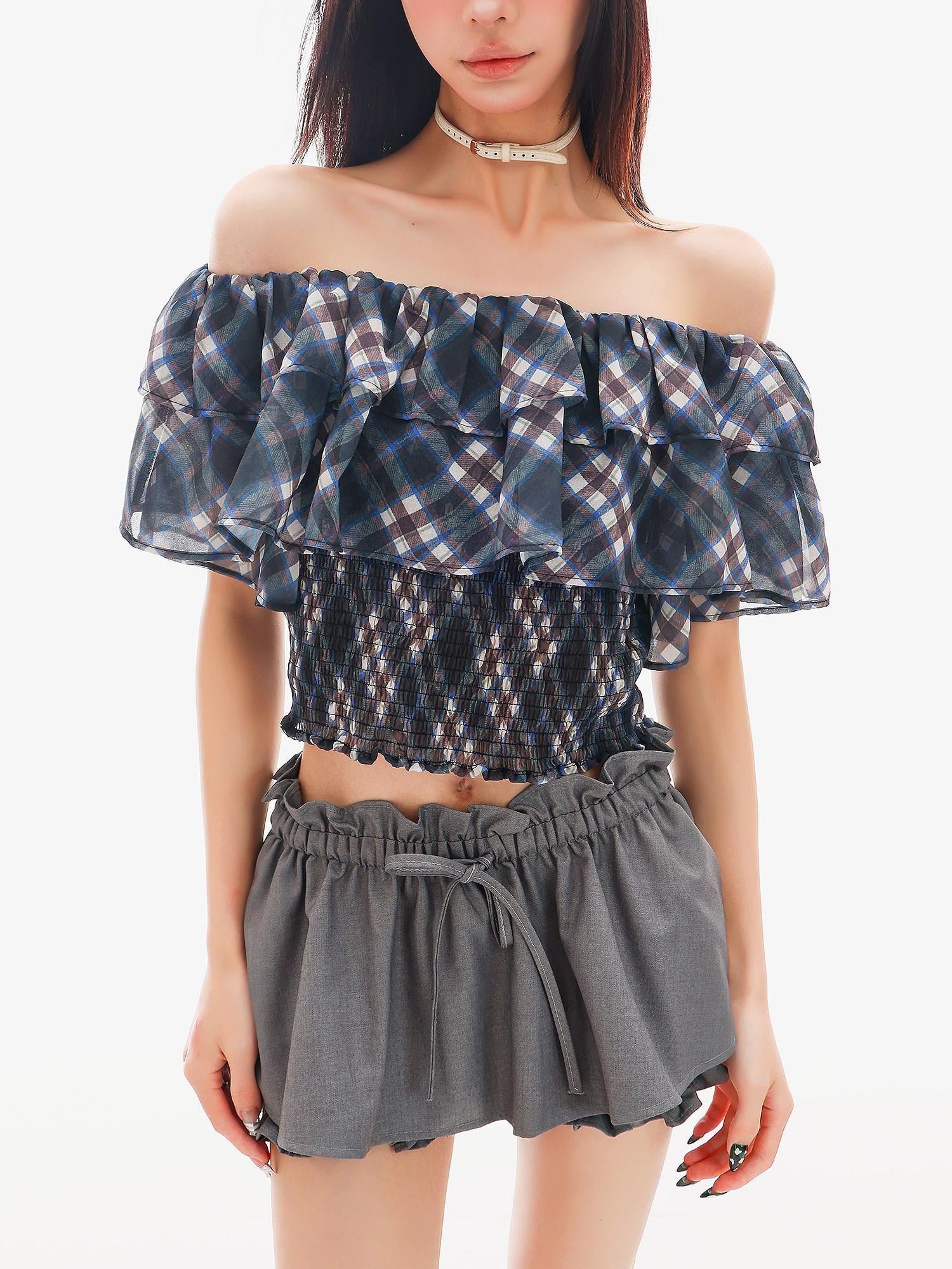 QIUQIU STUDIO Gingham Plaid Ruffle Off Shoulder Slim Fitted Printed Women&
