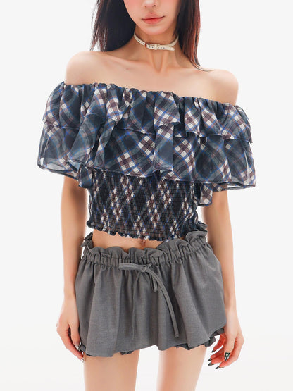 QIUQIU STUDIO Gingham Plaid Ruffle Off Shoulder Slim Fitted Printed Women&