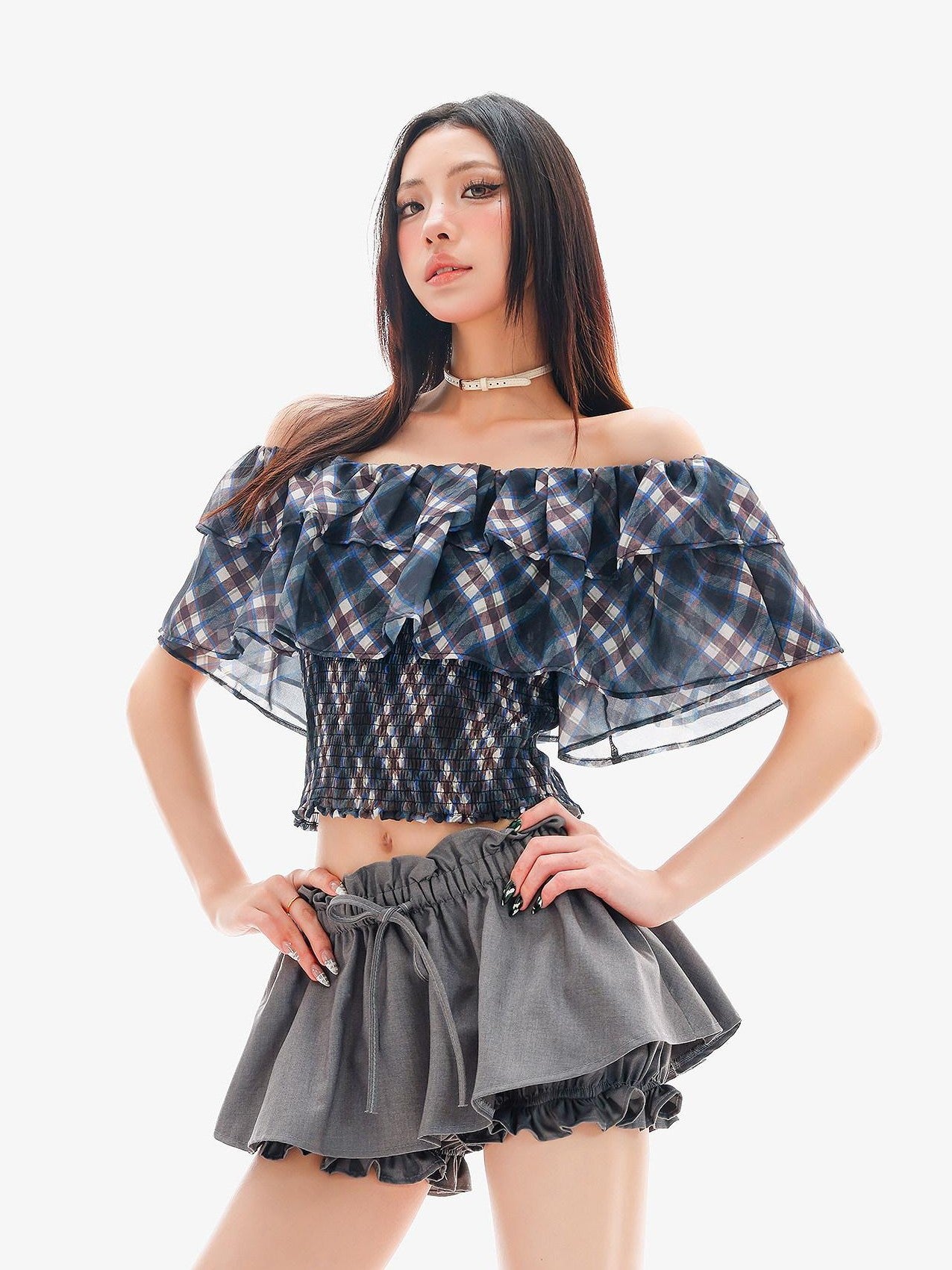 QIUQIU STUDIO Gingham Plaid Ruffle Off Shoulder Slim Fitted Printed Women&