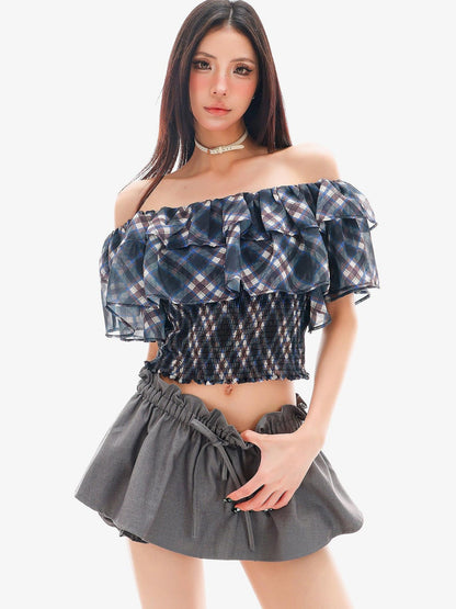 QIUQIU STUDIO Gingham Plaid Ruffle Off Shoulder Slim Fitted Printed Women&