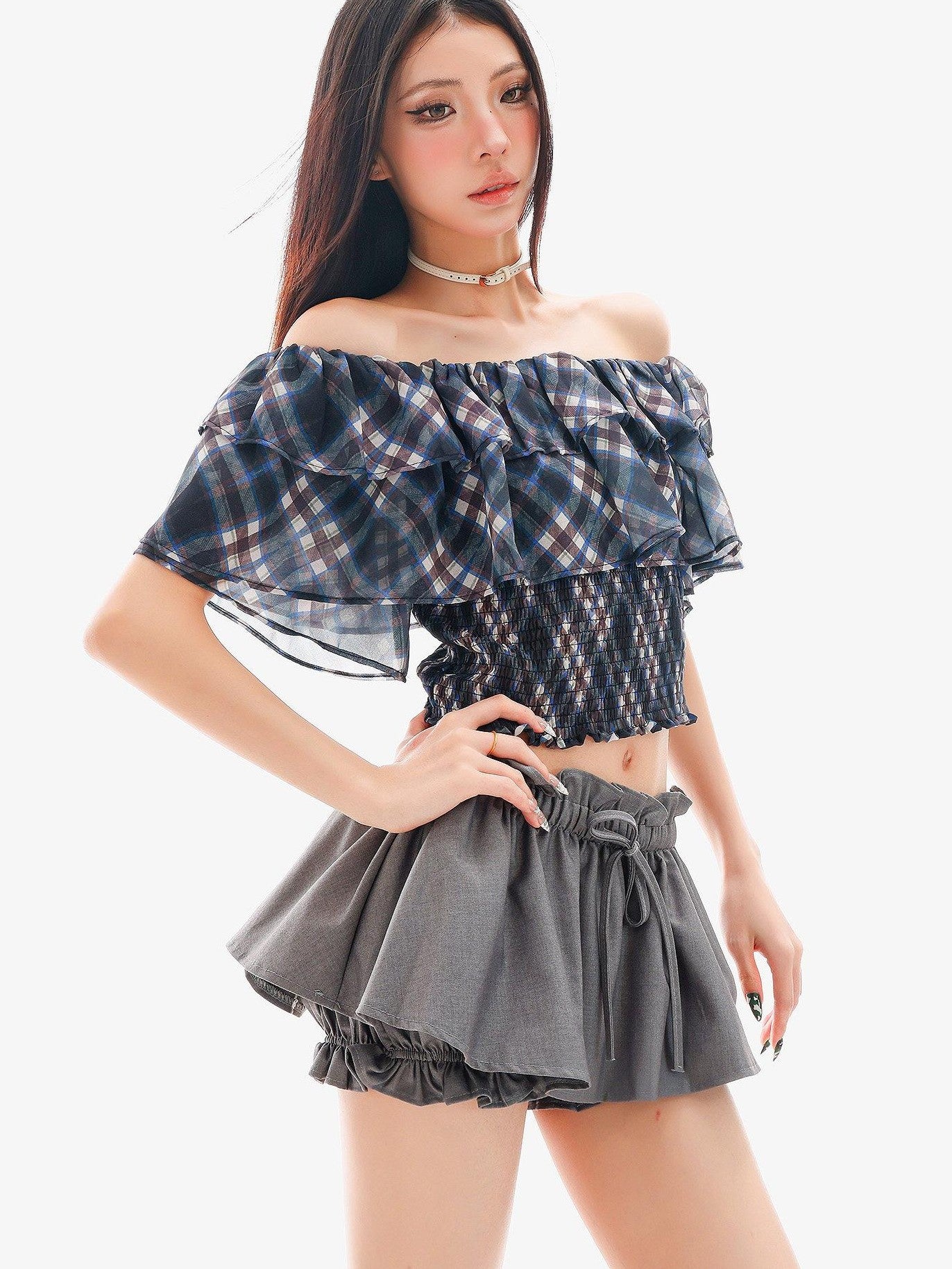 QIUQIU STUDIO Gingham Plaid Ruffle Off Shoulder Slim Fitted Printed Women&