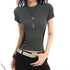 QIUQIU_STUDIO_Gray_Black_Colorblock_Cropped_Crewneck_Set_In_Short_Sleeve_Women&