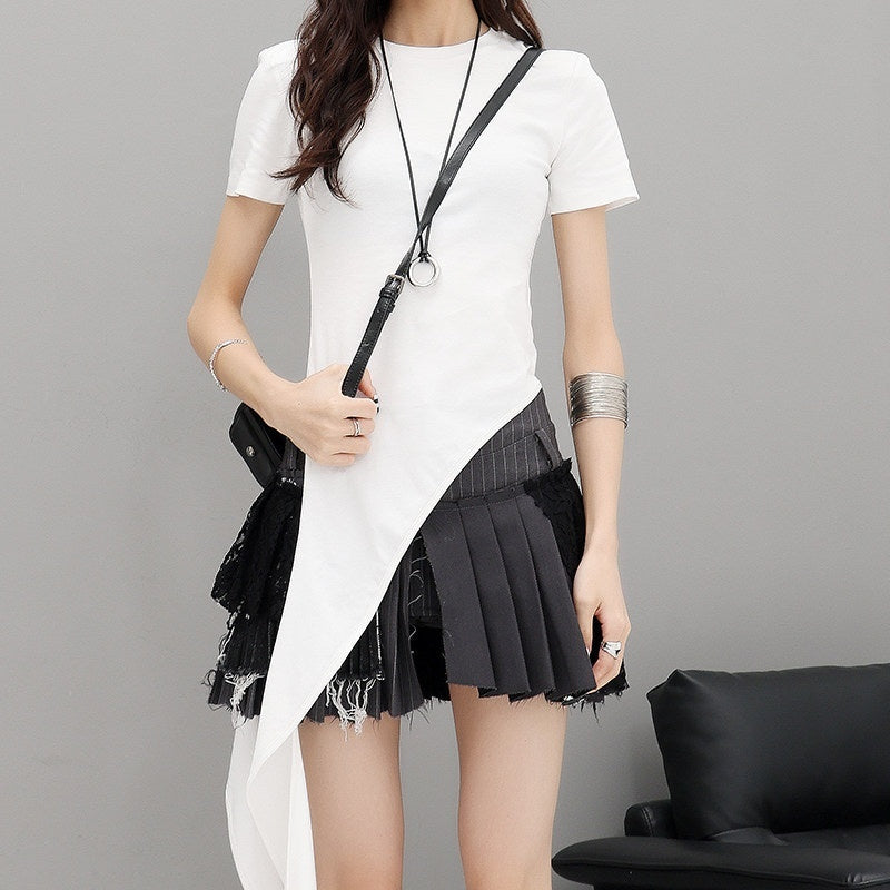 QIUQIU_STUDIO_Gray_Irregular_Pleated_Lace_High_Waist_A_Line_Women&