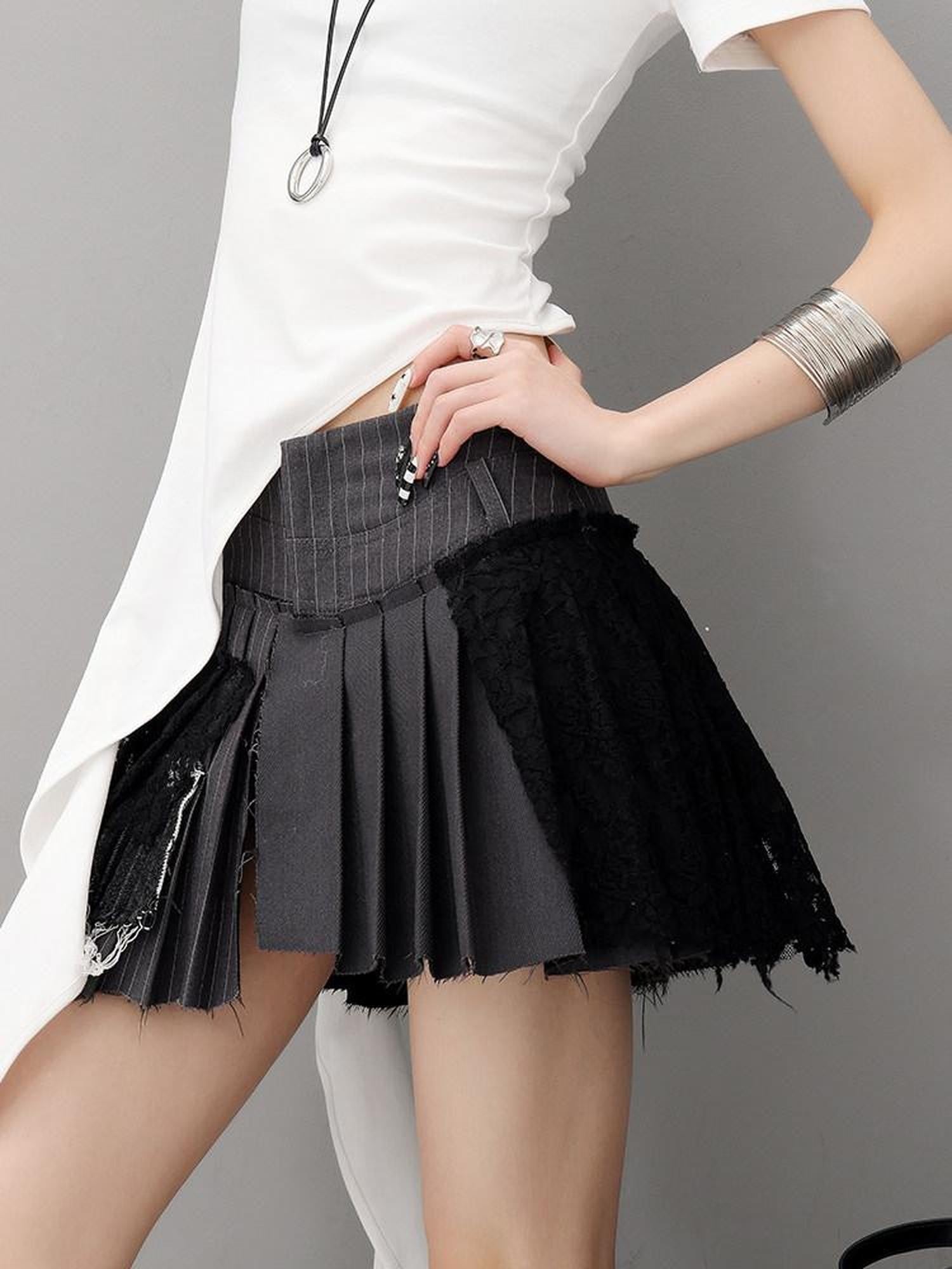 QIUQIU STUDIO Gray Irregular Pleated Lace High Waist A Line Women&