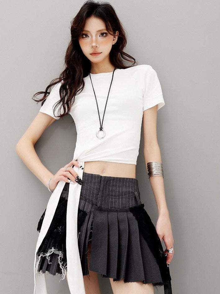 QIUQIU STUDIO Gray Irregular Pleated Lace High Waist A Line Women&