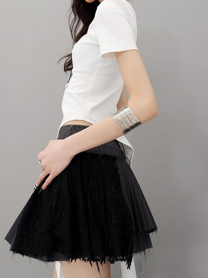 QIUQIU STUDIO Gray Irregular Pleated Lace High Waist A Line Women&
