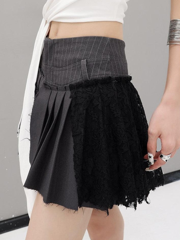 QIUQIU STUDIO Gray Irregular Pleated Lace High Waist A Line Women&