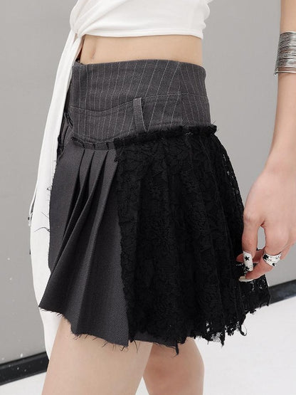 QIUQIU STUDIO Gray Irregular Pleated Lace High Waist A Line Women&