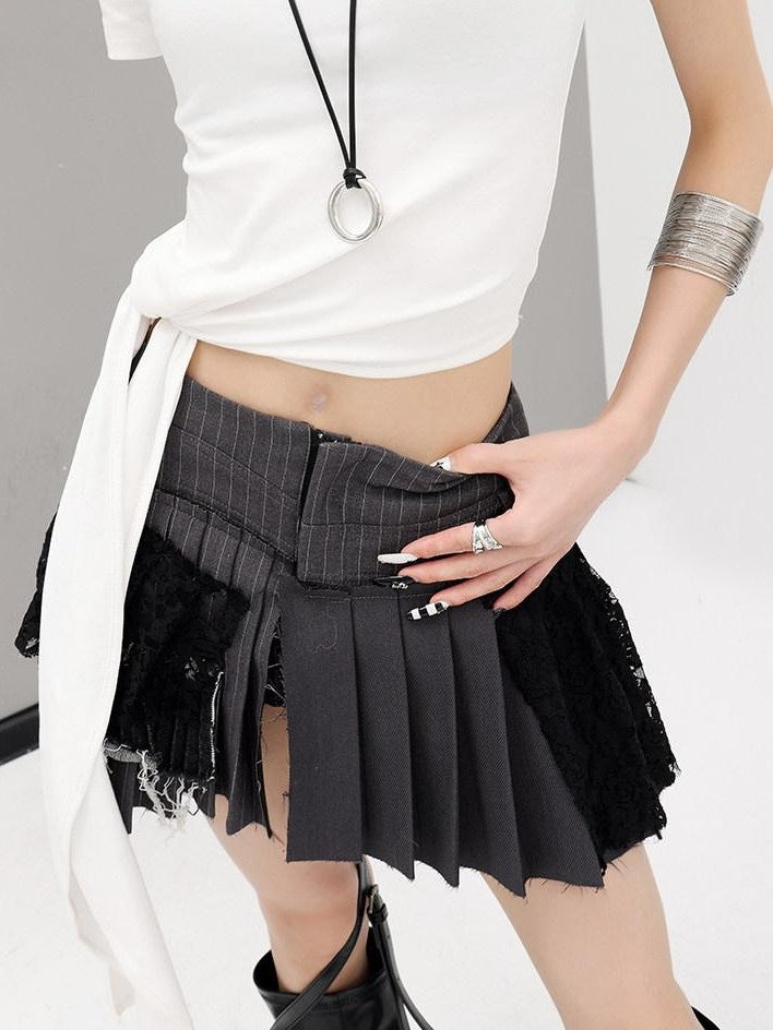 QIUQIU STUDIO Gray Irregular Pleated Lace High Waist A Line Women&