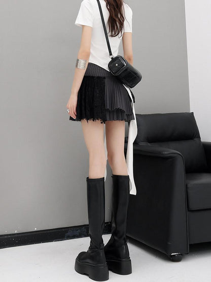 QIUQIU STUDIO Gray Irregular Pleated Lace High Waist A Line Women&