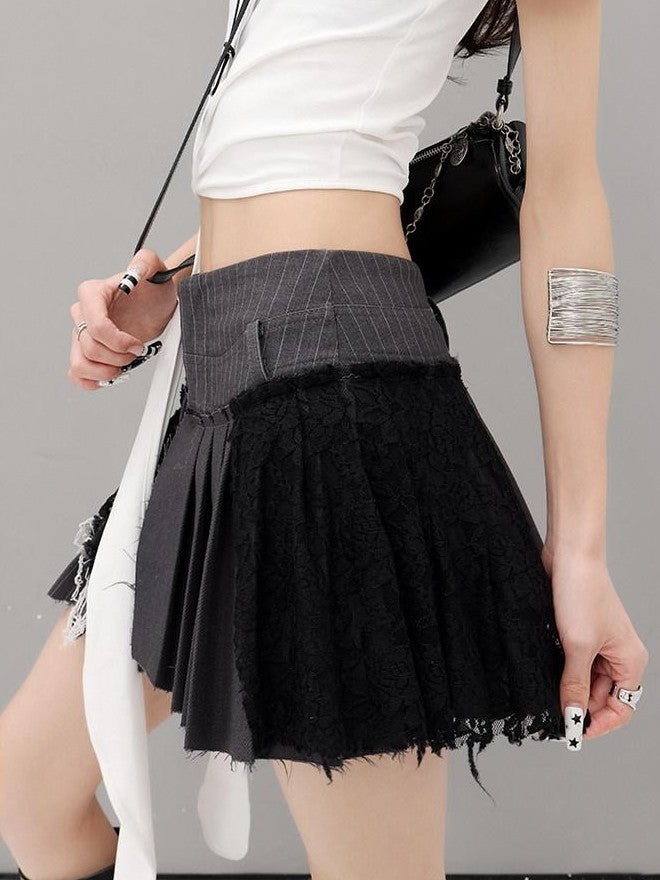 QIUQIU STUDIO Gray Irregular Pleated Lace High Waist A Line Women&