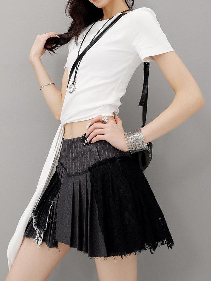 QIUQIU STUDIO Gray Irregular Pleated Lace High Waist A Line Women&