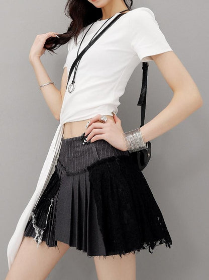 QIUQIU STUDIO Gray Irregular Pleated Lace High Waist A Line Women&
