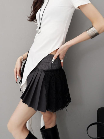 QIUQIU STUDIO Gray Irregular Pleated Lace High Waist A Line Women&