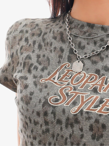 QIUQIU STUDIO Gray Leopard Letter Print Roundneck Slim Waist Women&