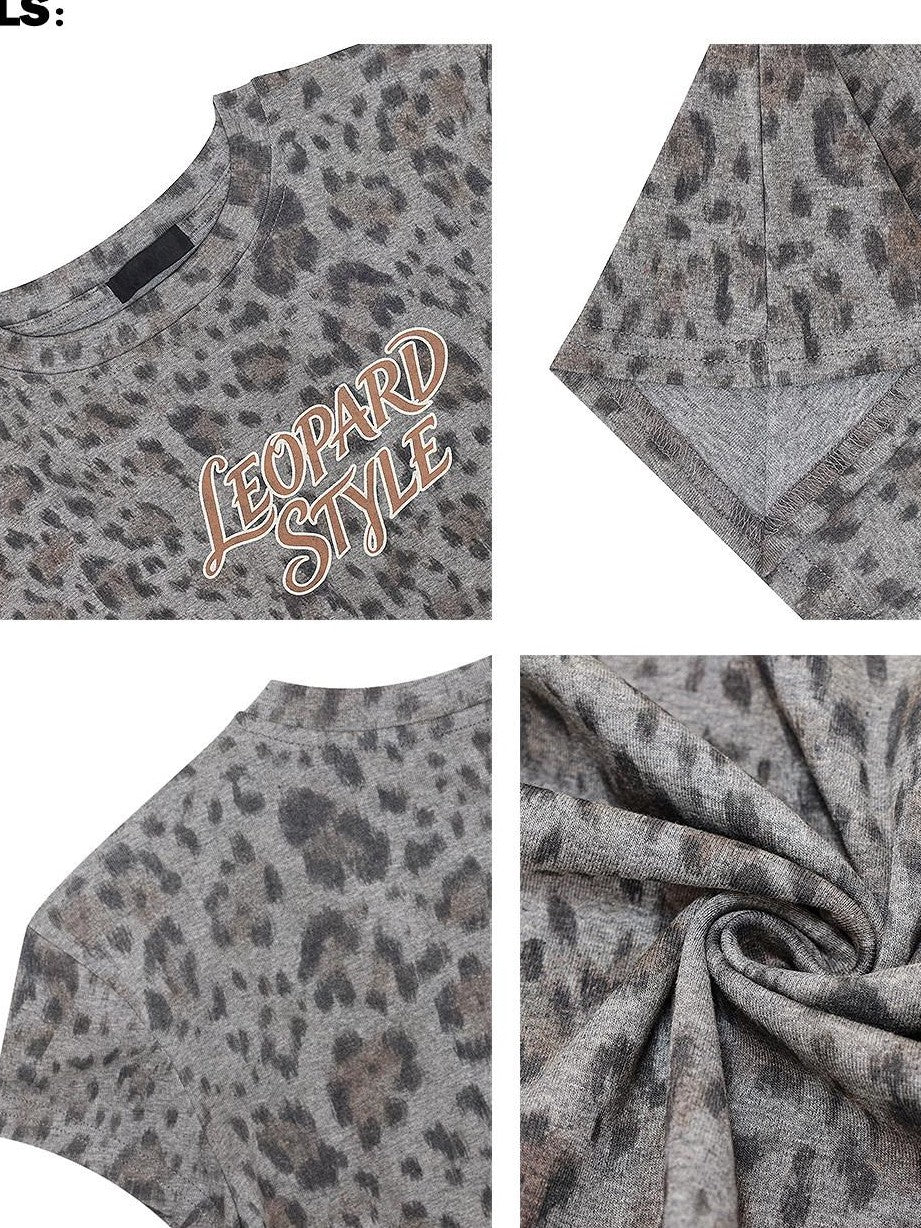 QIUQIU STUDIO Gray Leopard Letter Print Roundneck Slim Waist Women&