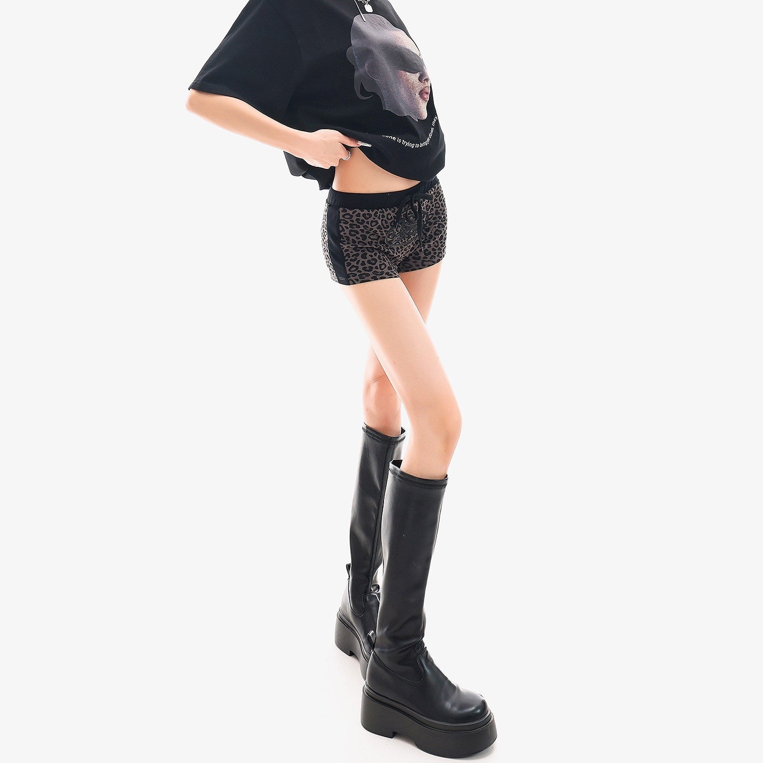 QIUQIU_STUDIO_Gray_Leopard_Print_Tie_Waist_Elastic_Hip_Hugging_Women&