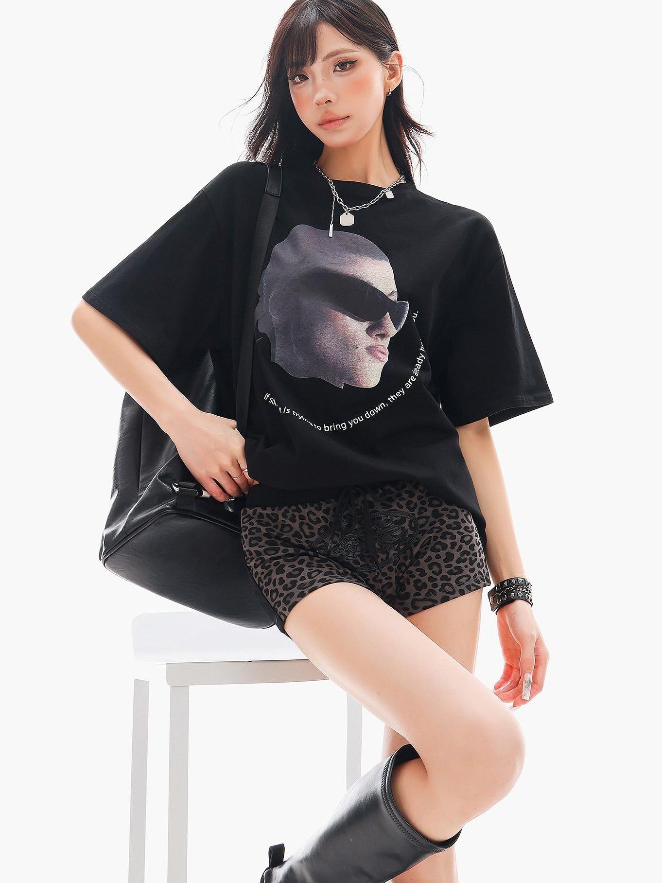 QIUQIU STUDIO Gray Leopard Print Tie Waist Elastic Hip Hugging Women&