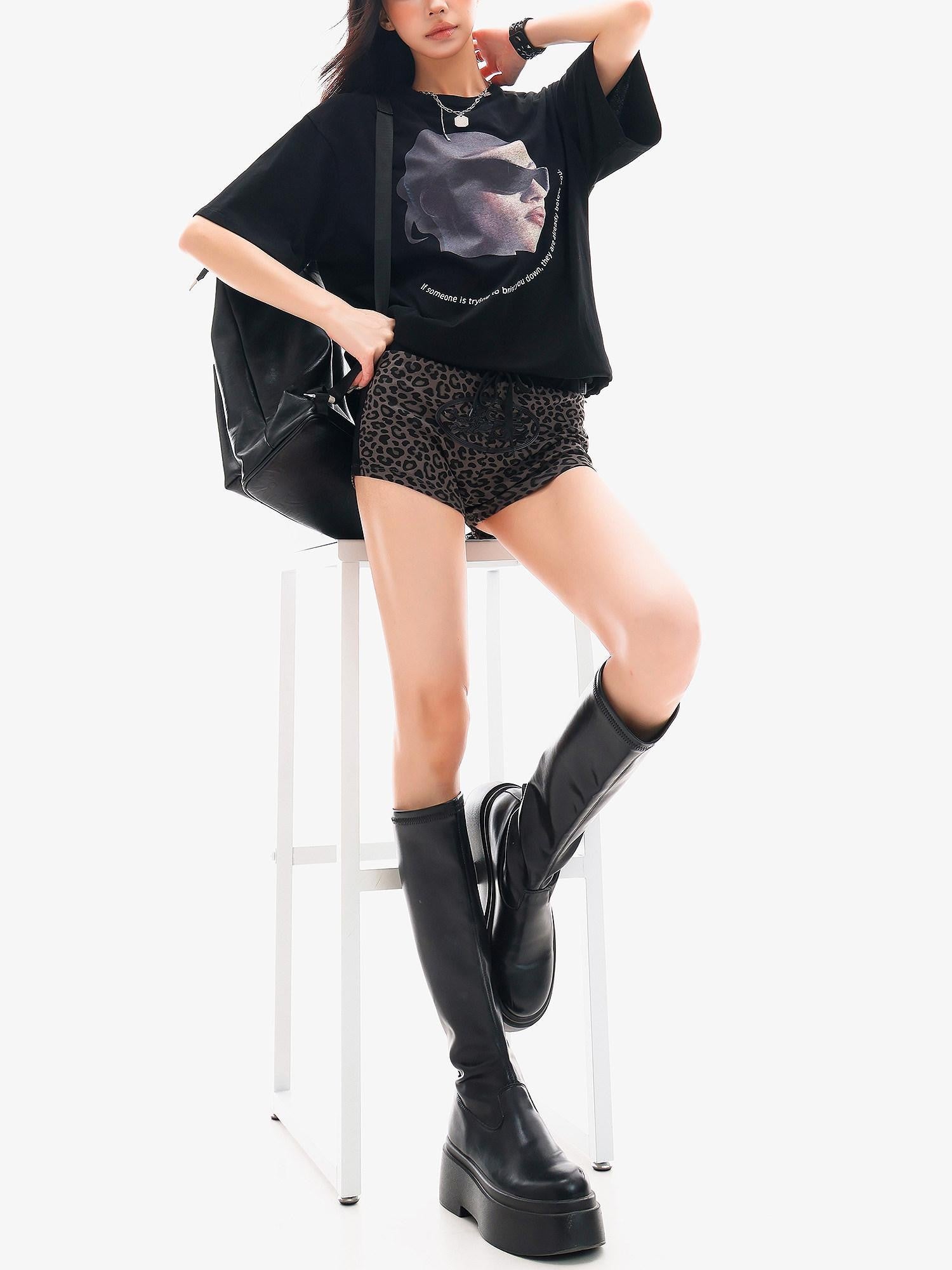 QIUQIU STUDIO Gray Leopard Print Tie Waist Elastic Hip Hugging Women&