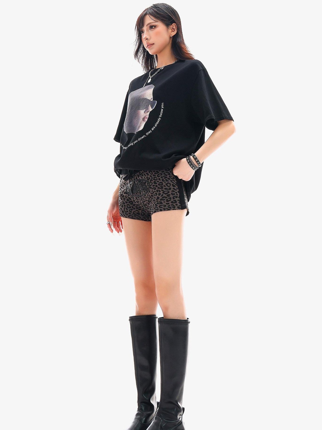 QIUQIU STUDIO Gray Leopard Print Tie Waist Elastic Hip Hugging Women&