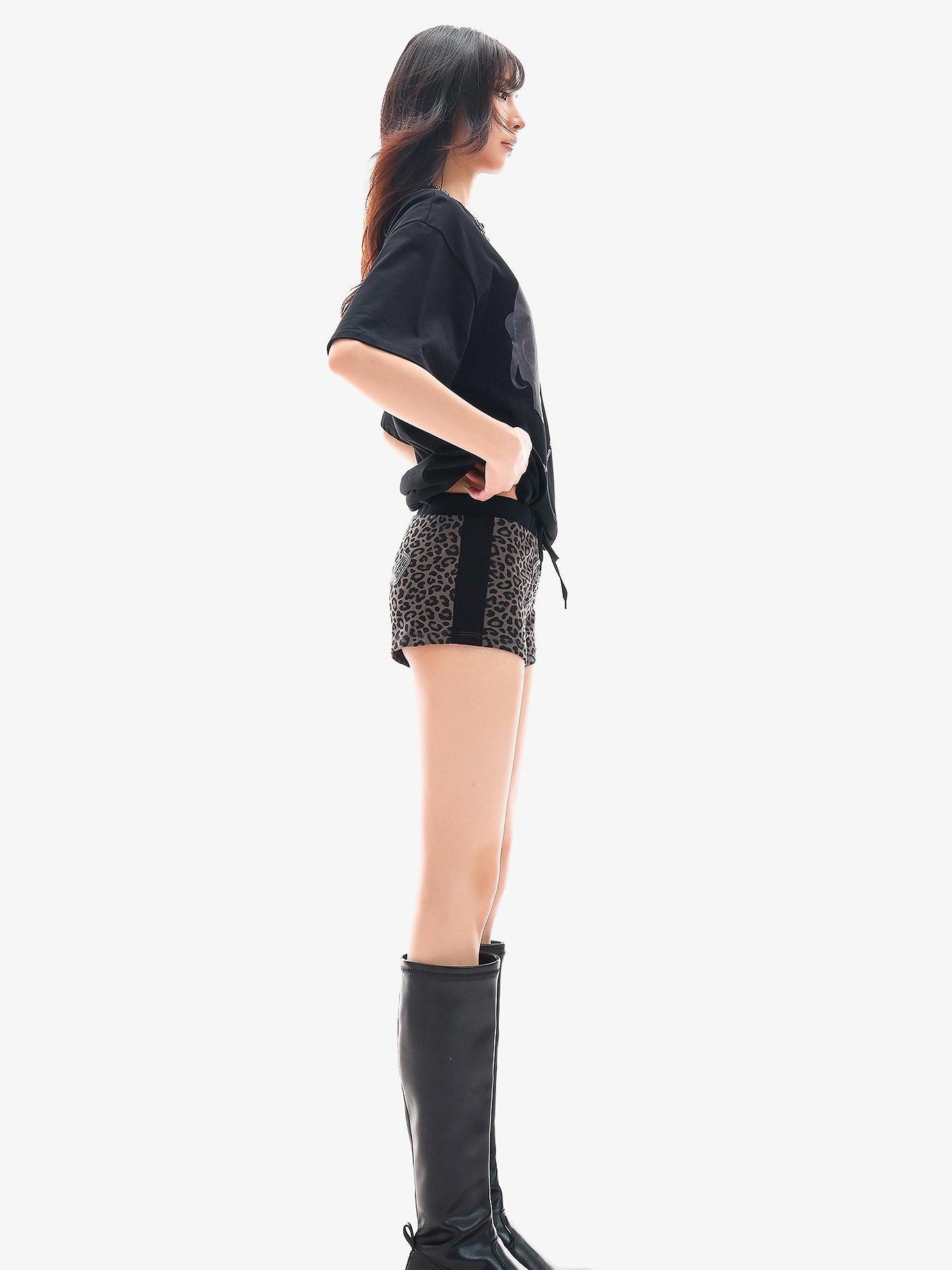 QIUQIU STUDIO Gray Leopard Print Tie Waist Elastic Hip Hugging Women&