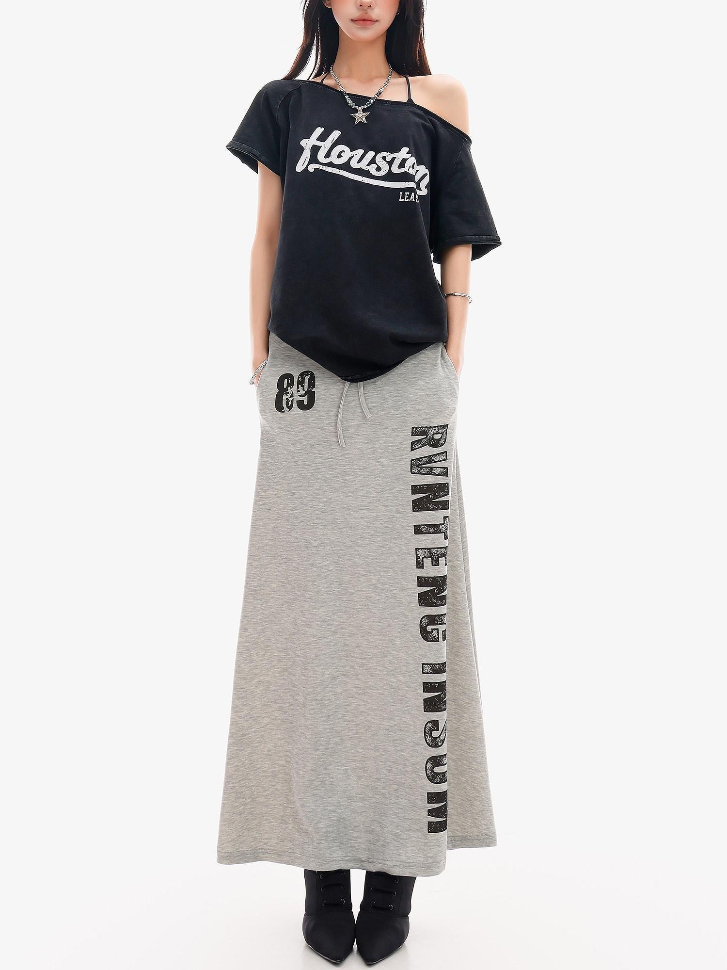 QIUQIU STUDIO Gray Letter Print Drawstring Mid Waist Women&