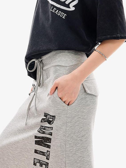 QIUQIU STUDIO Gray Letter Print Drawstring Mid Waist Women&